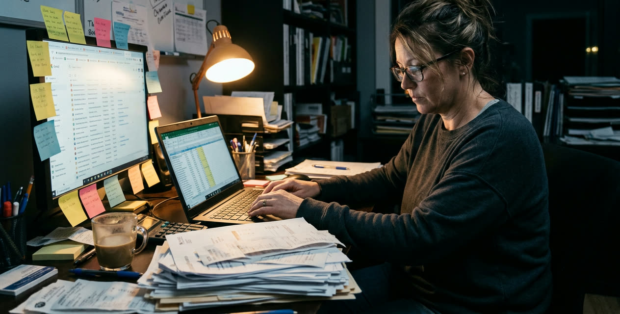 A business owner at her desk late at night, copying paperwork into a spreadsheet